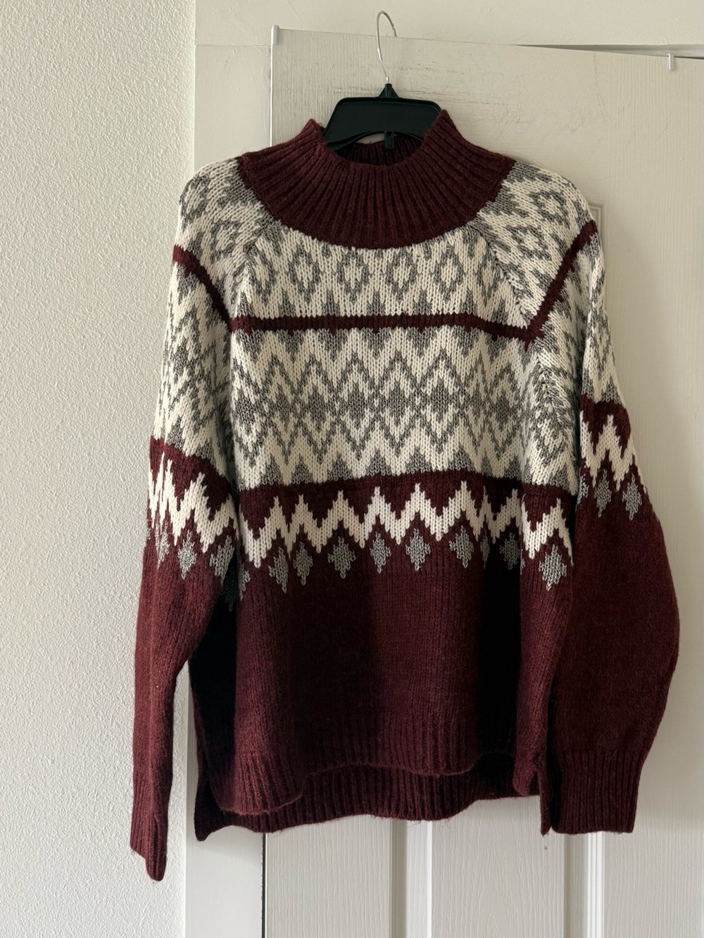 NWT Lucky Brand XL Fair Isle Nordic Mock Neck Sweater Burgundy Heather - Picture 2 of 8